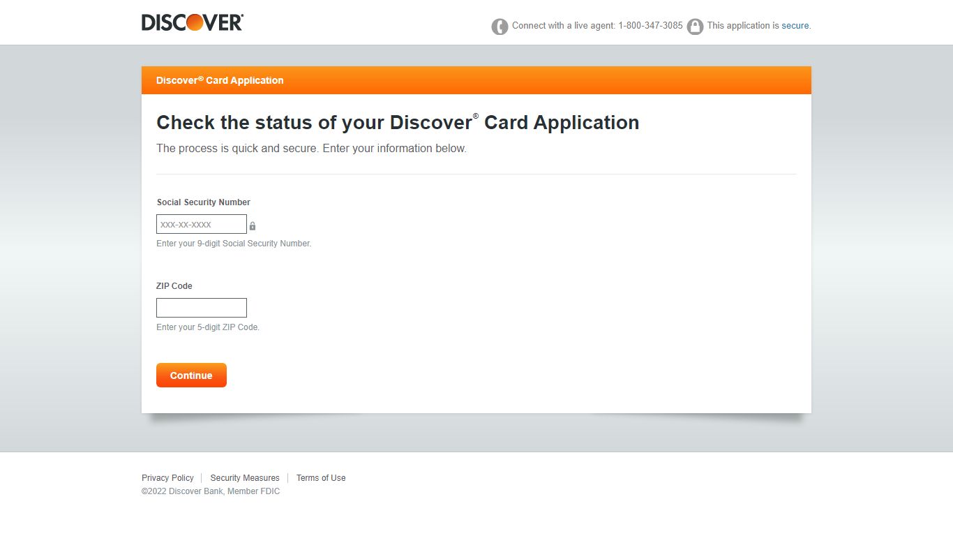 Discover Check Status online portal interface showing secure login fields