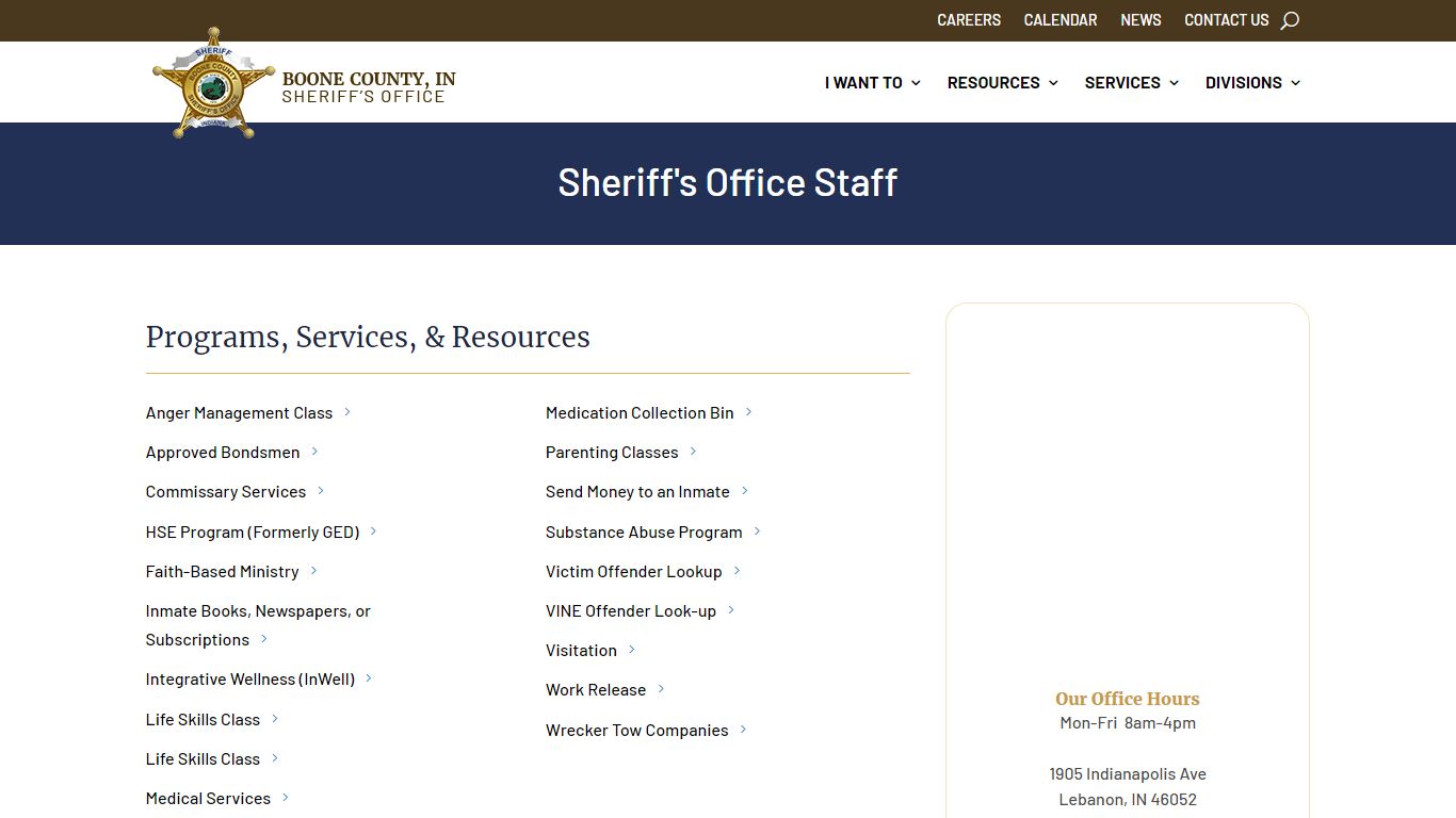 Boone County Inmate Search tool showing name input field and results table