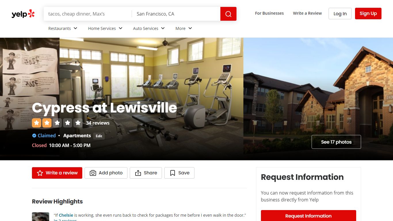 Yelp photo gallery showing pool, fitness center, and common areas at Cypress at Lewisville