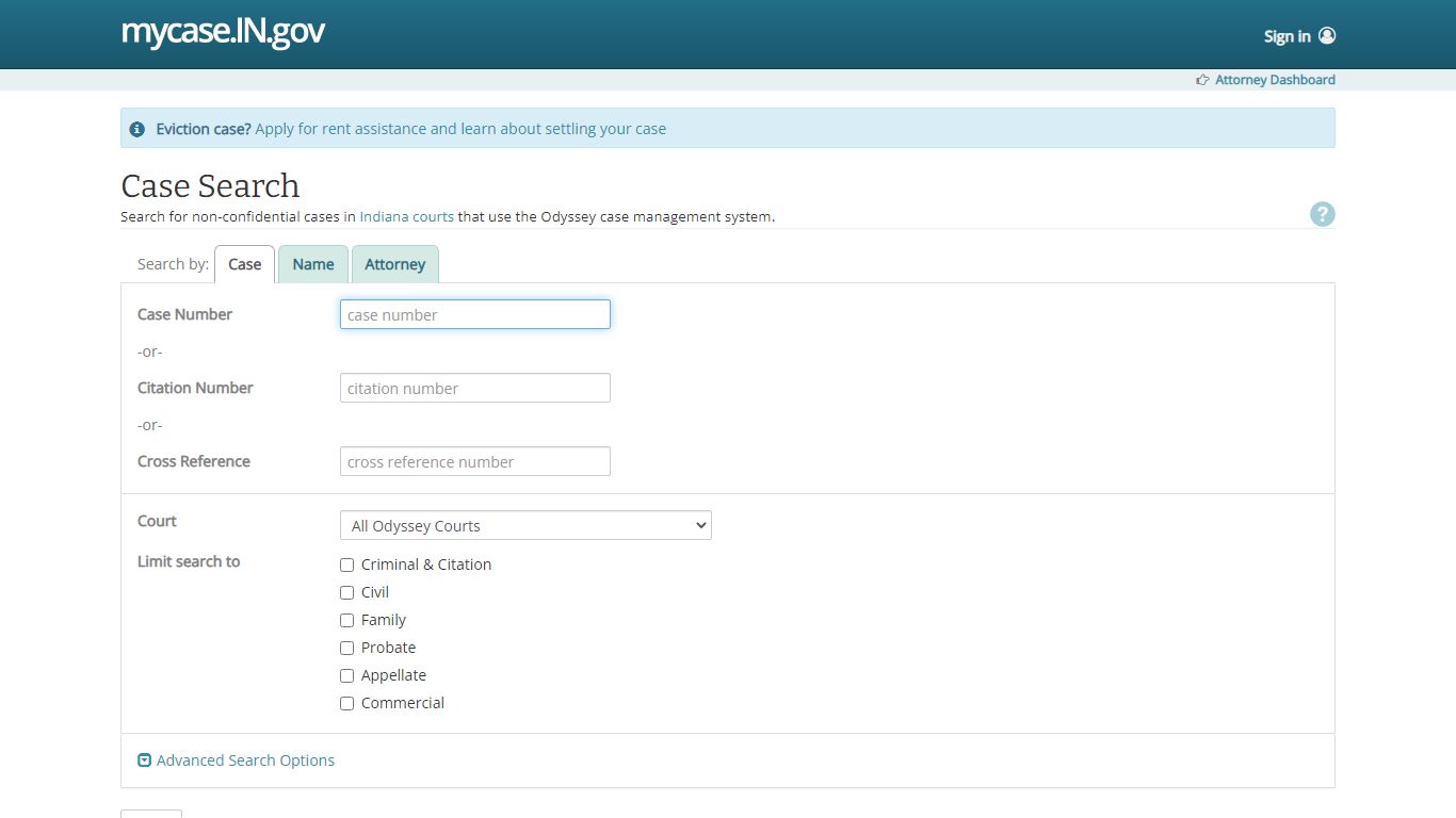 Screenshot of MyCase portal showing eviction case details and Emergency Rental Assistance link