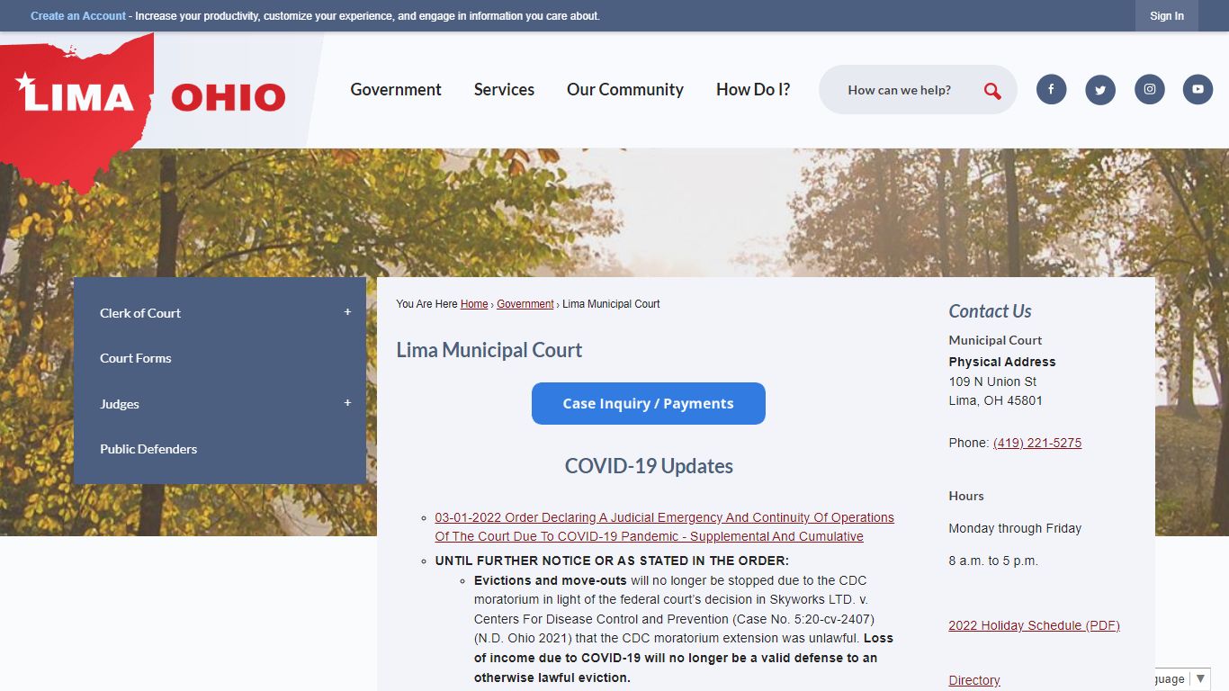 Lima Municipal Court official website showing online record search interface