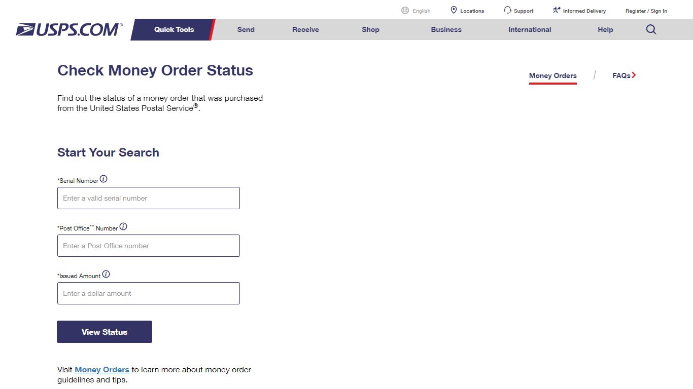 USPS Money Order Status Check Interface