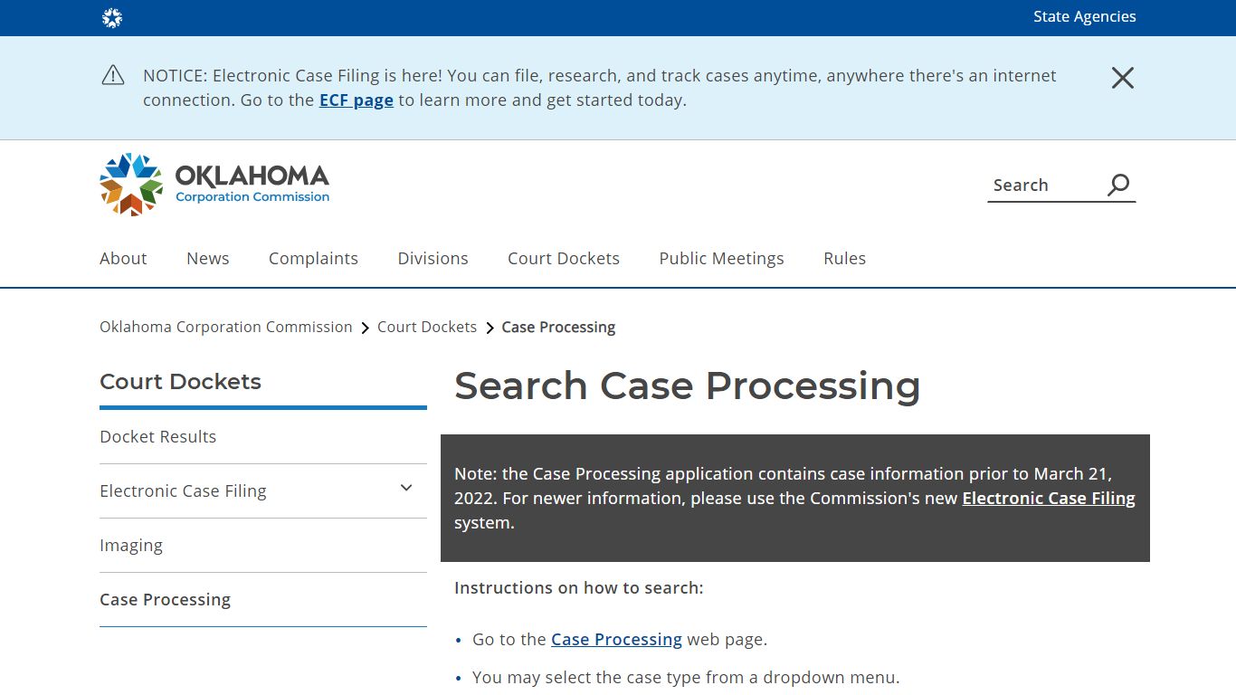 Oklahoma Corporation Commission Case Processing search interface showing dropdown menus and search fields