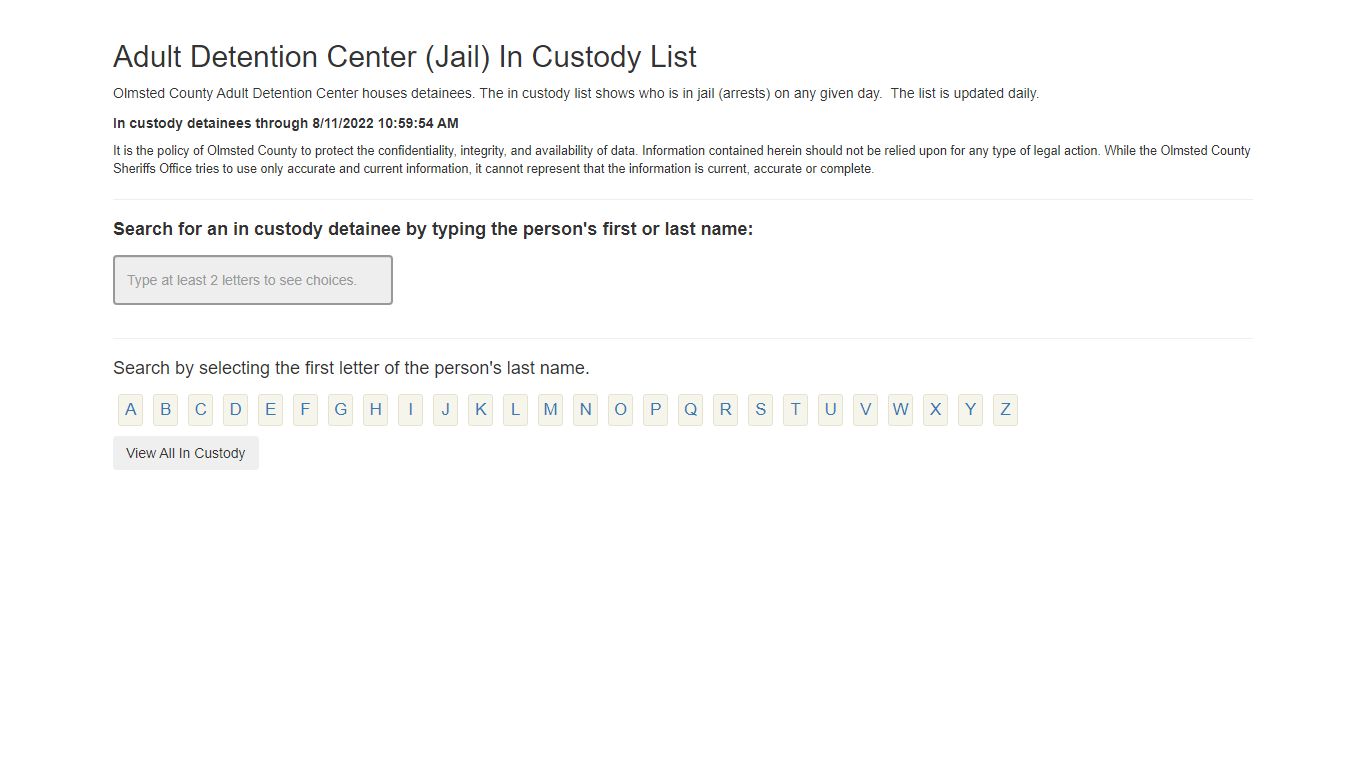 Screenshot of Olmsted County Adult Detention Center inmate search interface with filters