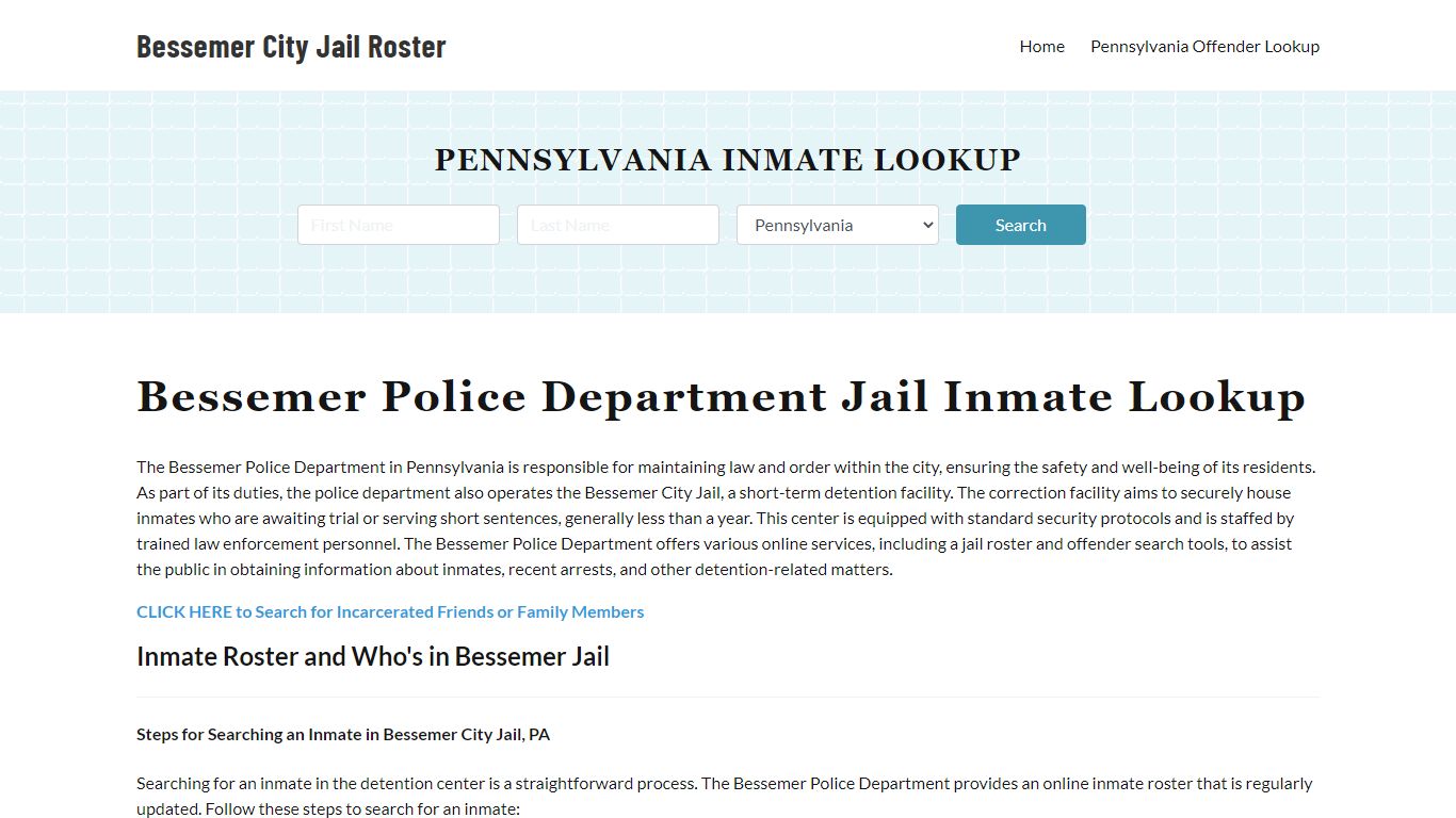 Bessemer Police Department & City Jail inmate roster interface showing search fields and sample results