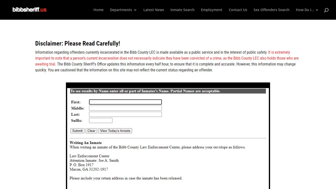 Bibb County Jail Inmate Information System dashboard showing search fields and results table