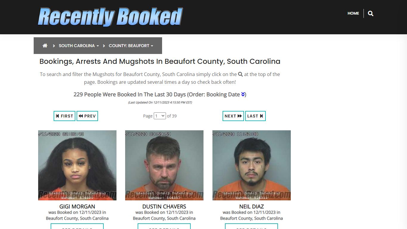 Beaufort County mugshot archive with filtering toolbar showing date, name, and charge type options
