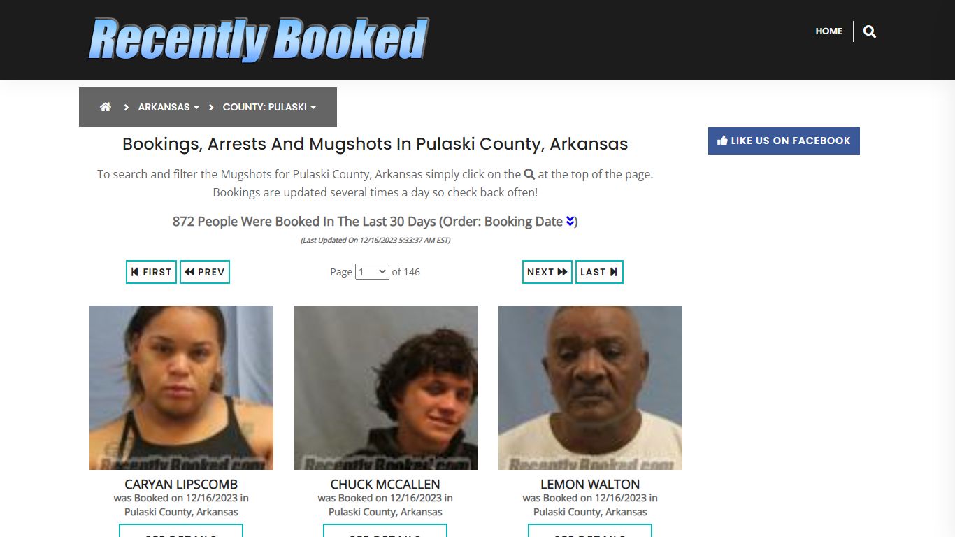 Screenshot of Pulaski County mugshot database showing search filters and recent booking list