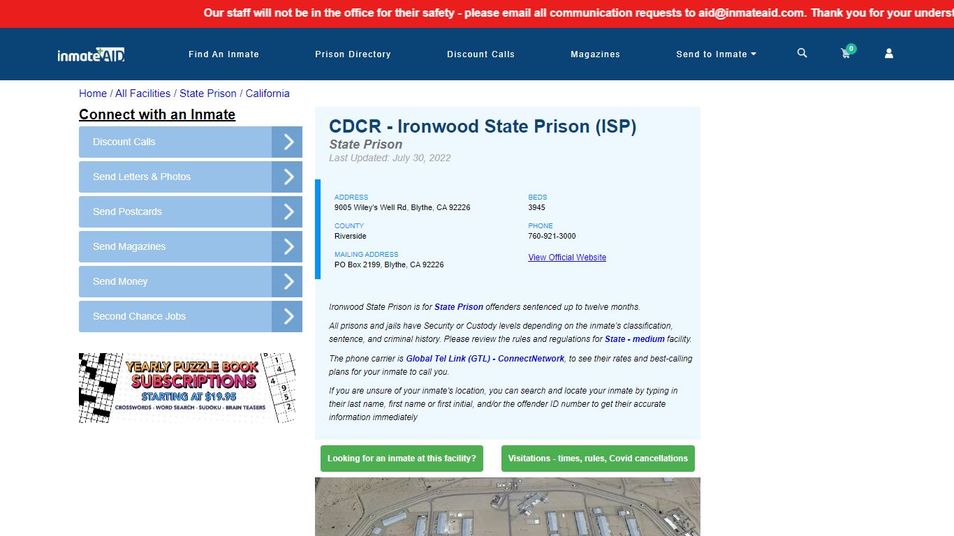 CDCR Inmate Locator interface showing search fields for Ironwood State Prison