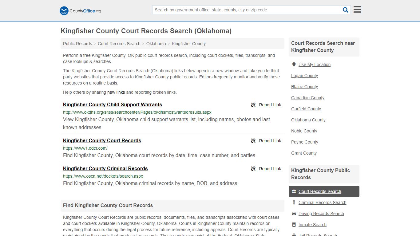 Kingfisher County Court Records search interface showing adoption case options