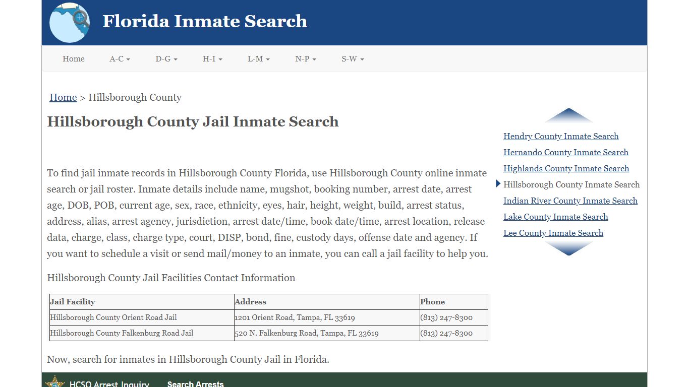 Map and layout of Hillsborough County jails with Orient Road and Falkenburg Road locations