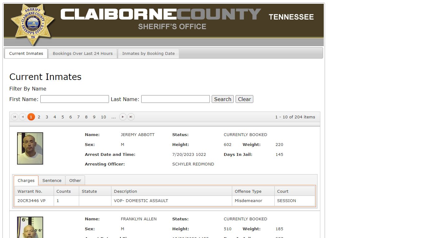 Claiborne County Jail Roster Inmate Information Display
