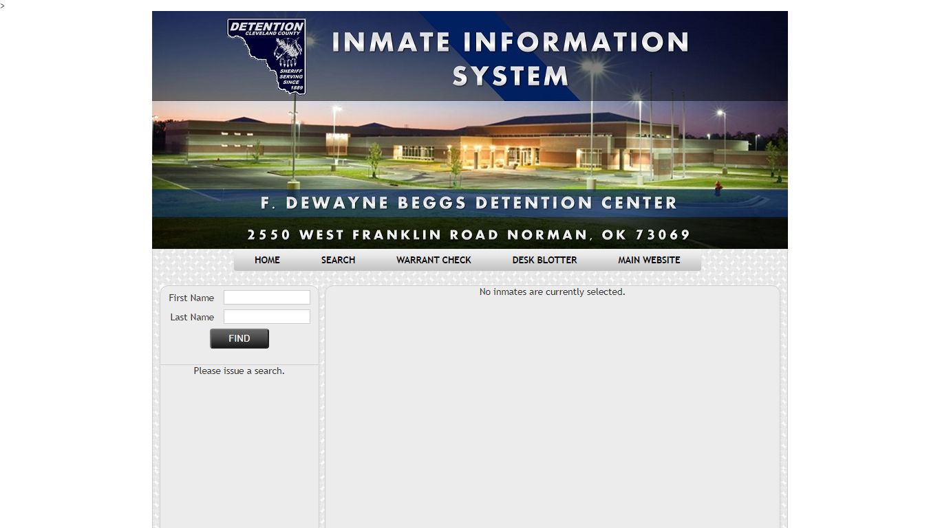 Screenshot of the Inmate Information System search interface on the Cleveland County Sheriff's website