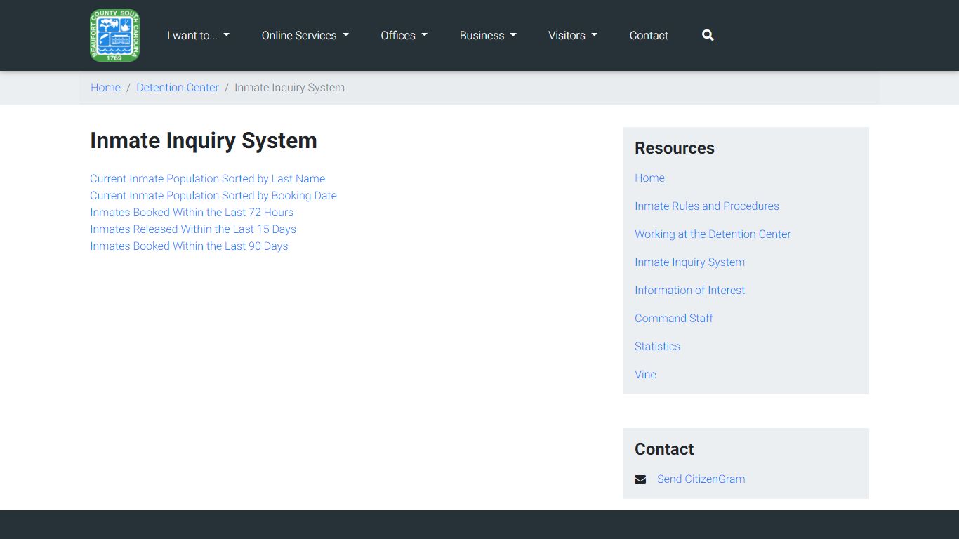 Beaufort County Inmate Inquiry System showing mugshot database interface