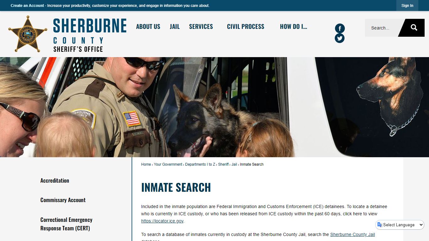 Sherburne County Inmate Search portal screenshot showing search interface and inmate details