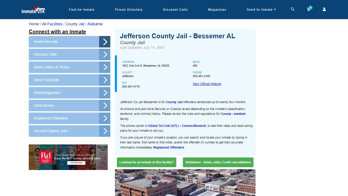 Jefferson County Jail Bessemer AL exterior and inmate locator dashboard