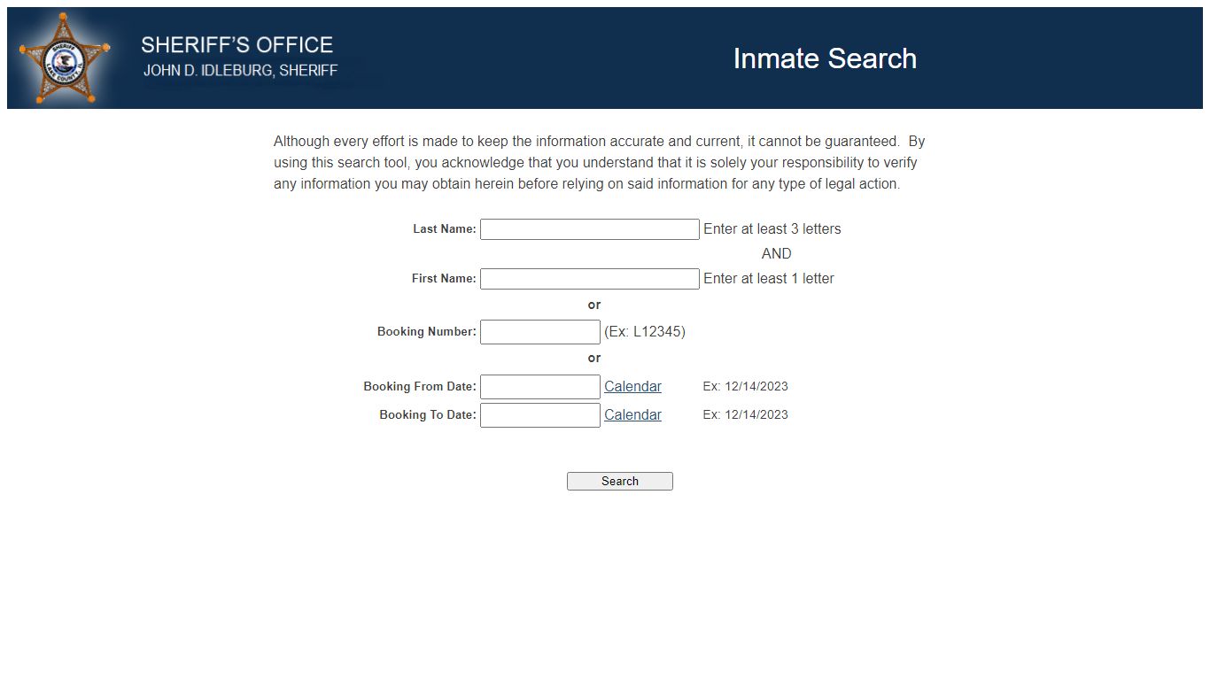 Screenshot of Lake County mobile inmate search interface