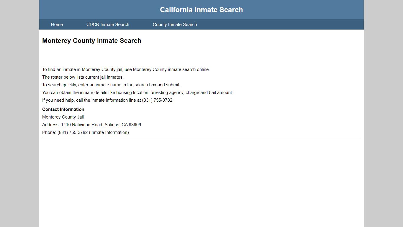Monterey County Inmate Search tool interface showing name input field and search button