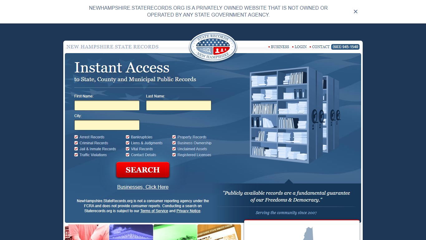 New Hampshire State Records portal showing search interface
