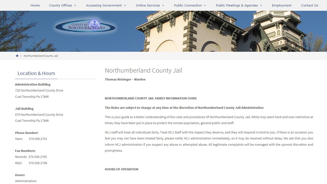 Northumberland County Jail visitation area with signage and seating