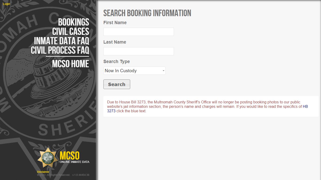 Multnomah County Sheriff's Office Online Inmate Search Interface