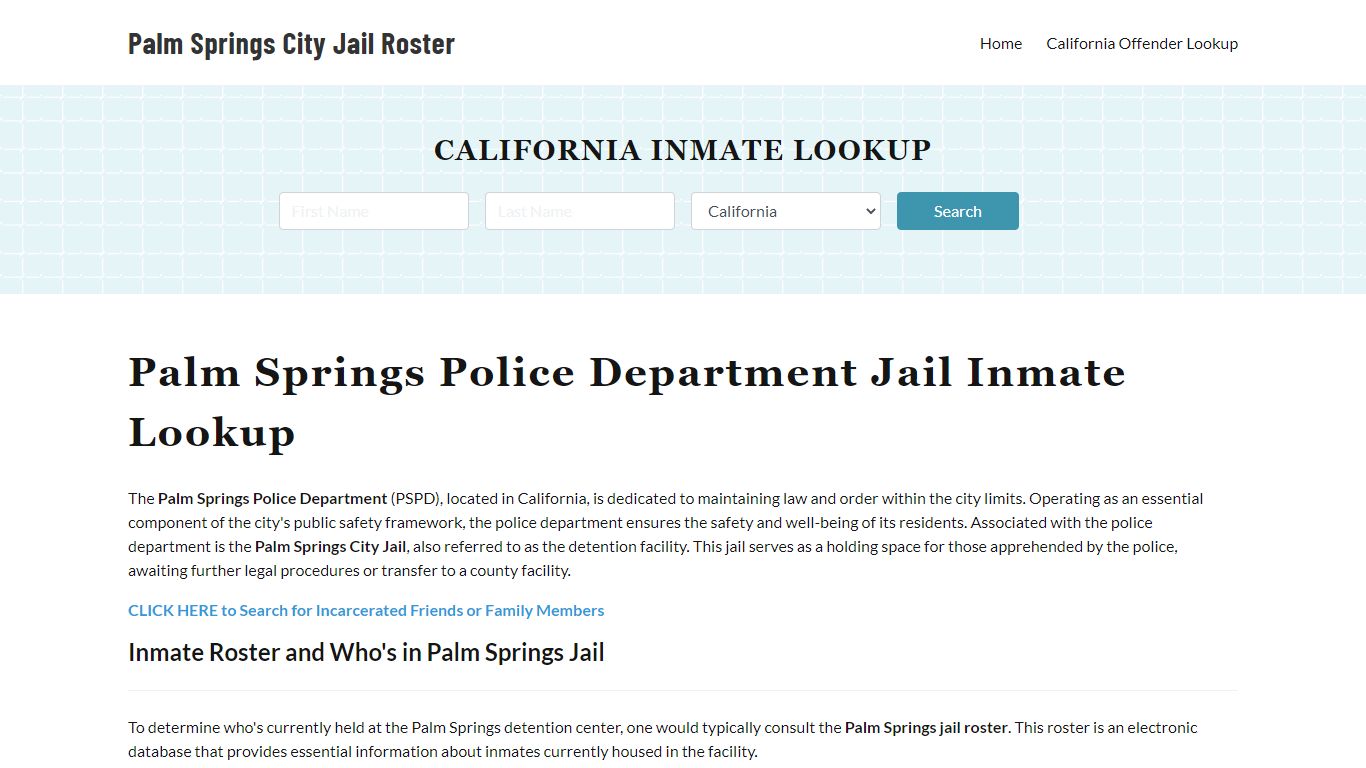 Palm Springs Police Department and City Jail inmate roster page