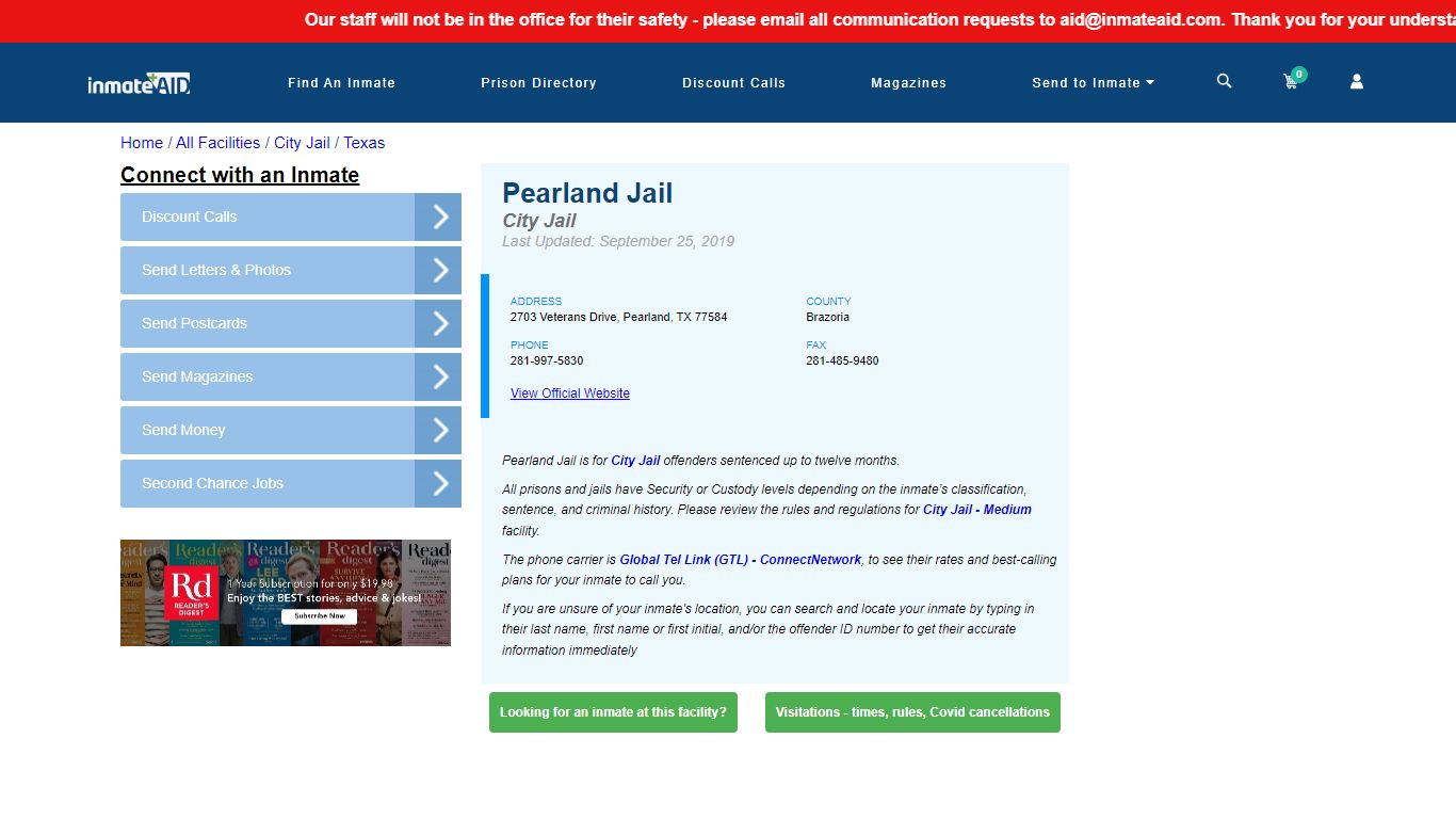 InmateAid Pearland Jail Search Results Page