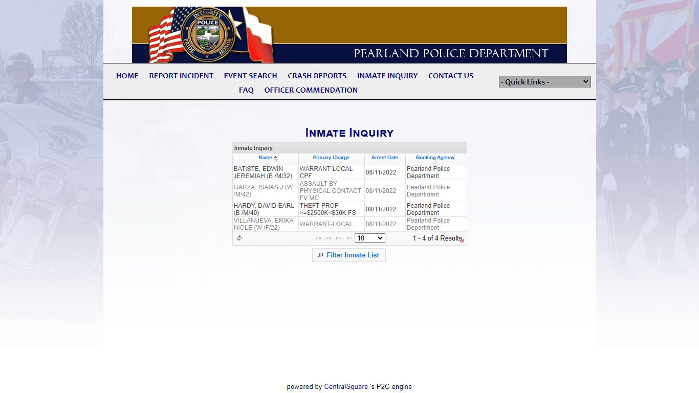 Pearland Police Department P2C Inmate Search Interface