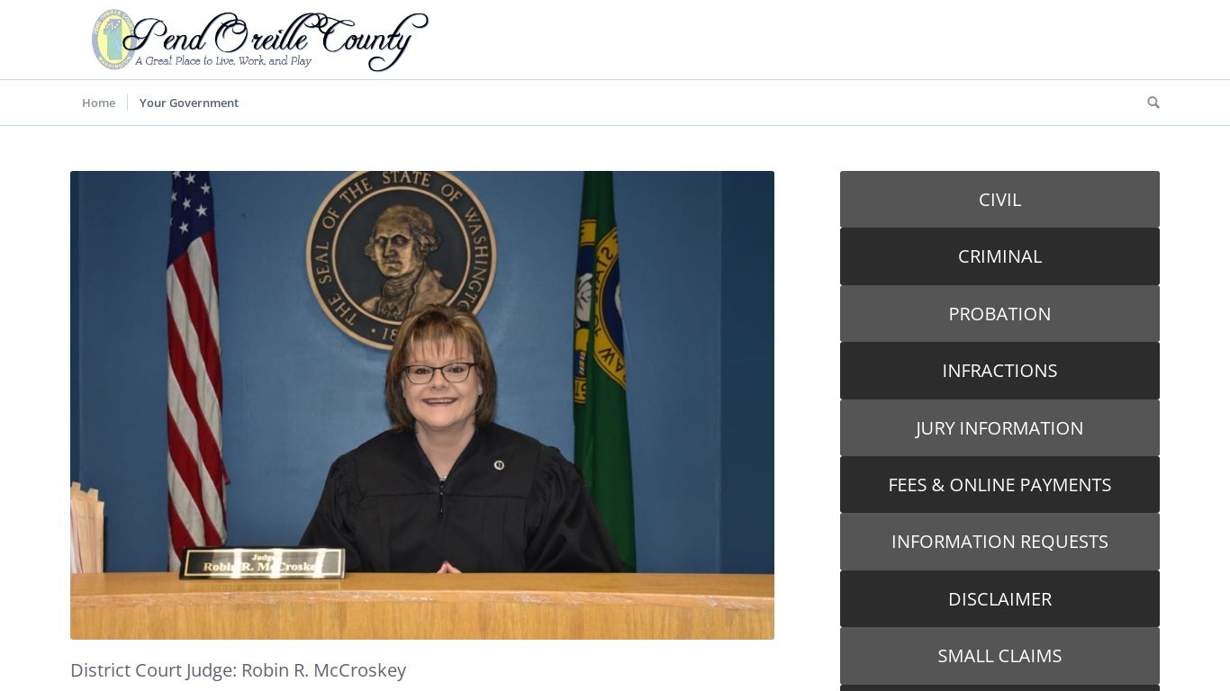 Screenshot of pendoreilleco.org district court homepage with docket search and payment options
