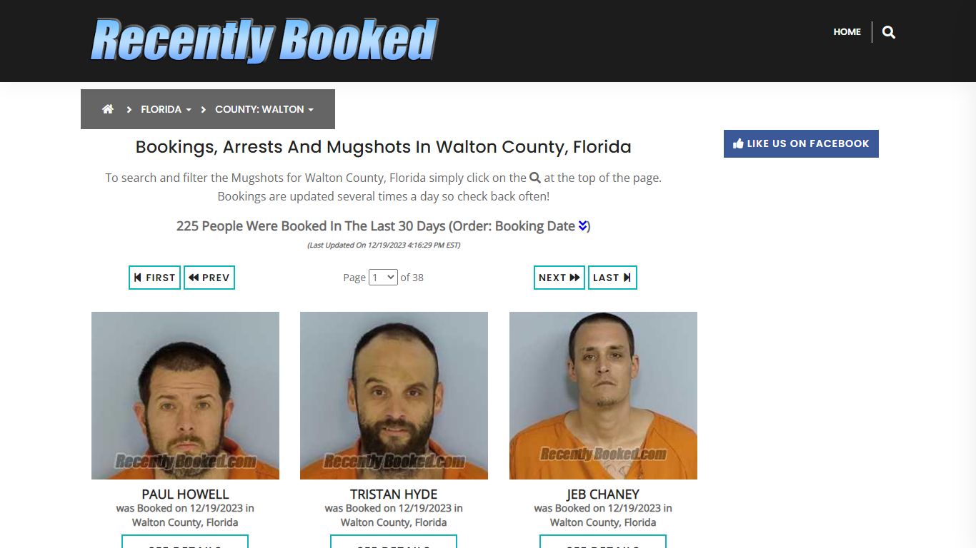 Recent bookings table with mugshots and arrest details