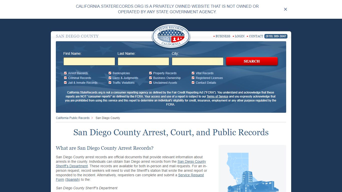 San Diego County Arrest, Court, and Public Records portal with search filters and case details