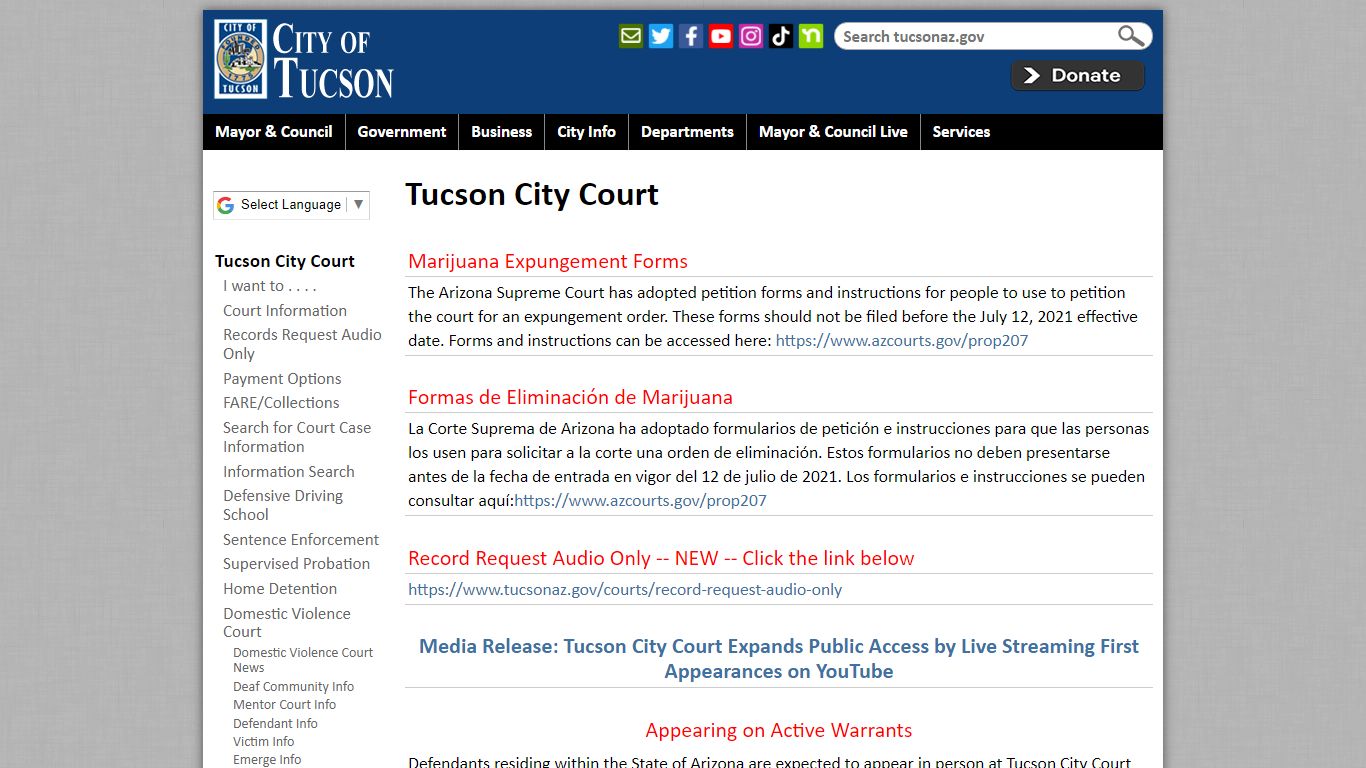 Tucson City Court building exterior with entrance signage and visitor information
