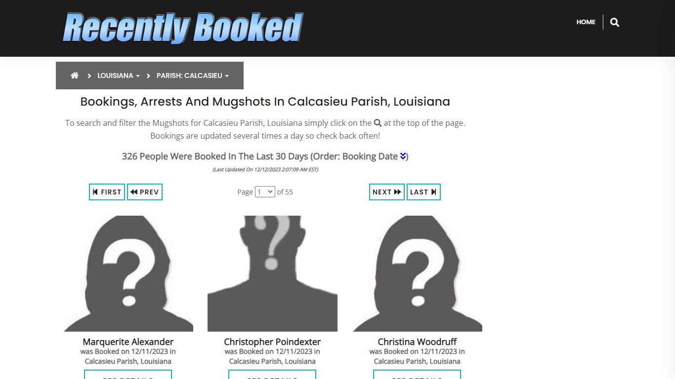 Online mugshot portal showing recent bookings
